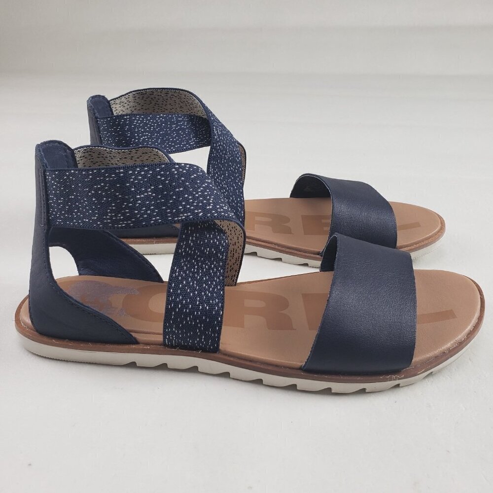 Sorel Ella II Strappy Sandal Womens 8.5 Blue Leather Slip On Open Toe Flat - Picture 2 of 11